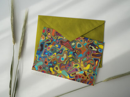 Printable Download of a Colorful Abstract Digital Acrylic Pour Design by ColorfulHabit Presented on a Postcard with a Solid Color Envelope