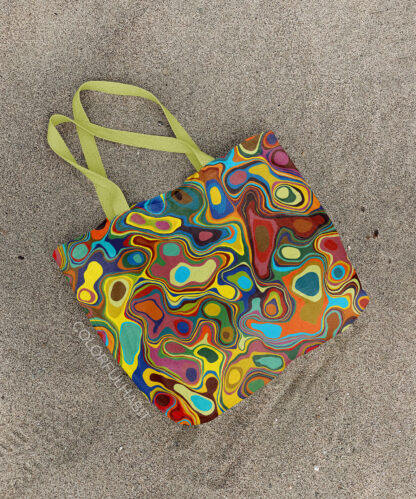Printable Download of a Colorful Abstract Fluid Digital Art by ColorfulHabit Presented on a Canvas Tote on the Sand