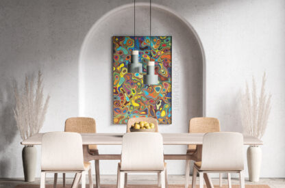 Printable Download of a Colorful Abstract Fluid Digital Design by ColorulHabit Presented as a Framed Wall Art in a Dining Room