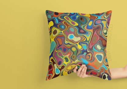 Printable Download of a Colorful Abstract Trippy Fluid Design by ColorfulHabit Presented on a Pillow Held by a Hand
