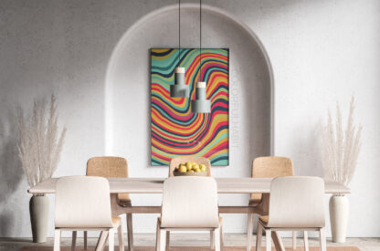 Printable Art Download In A Colorful Abstract Wavy Stripes Digital Design by ColorfulHabit Presented as a Framed Wall Art in a Dining R