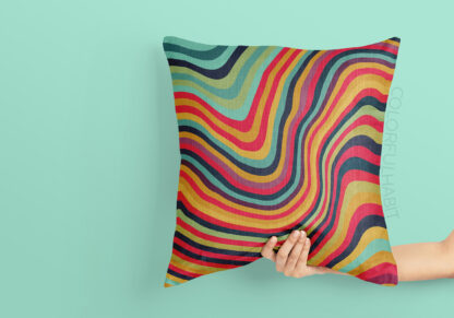 Printable Art Download In A Colorful Abstract Wavy Stripes Digital Design by ColorfulHabit Presented on a Pillow Held by a Hand