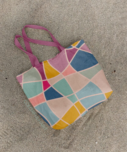 Printable Digital Art Download In Abstract Stained Glass Pattern by ColorfulHabit Presented on a Canvas Tote on the Sand