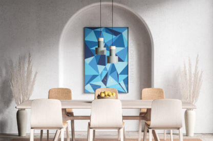 Printable Digital Art Download In Blue Triangle Pattern by ColorfulHabit Presented as a Framed Wall Art in a Dining Room