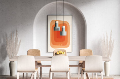 Abstract Orange Minimal Printable Digital Art Download by ColorfulHabit Presented in a Framed Wall Art in a Dining Room