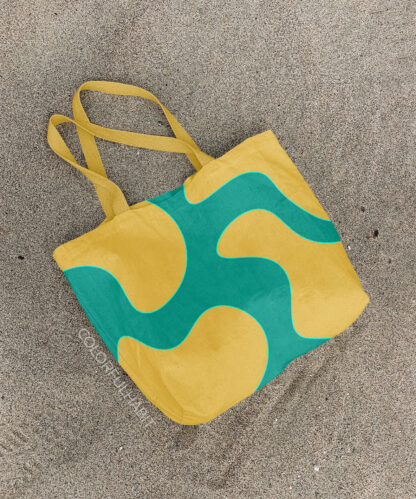Printable Digital Art Download in a Yellow Aqua Minimal Abstract Design by ColorfulHabit Presented on a Canvas Tote on the Sand