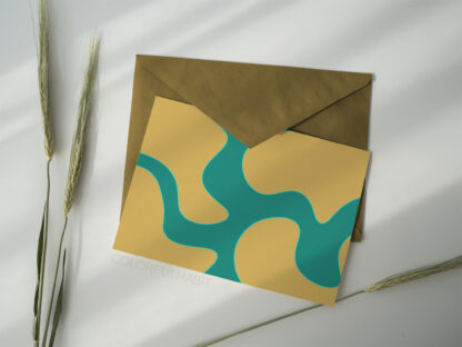 Printable Digital Art Download in a Yellow Aqua Minimal Abstract Design by ColorfulHabit Presented on a Postcard with a Solid Color Envelope