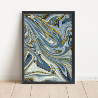 Printable Digital Fluid Art Download in Swirls of Blues and Gold Pattern by ColorfulHabit Presented as Wall Art in a Black Frame
