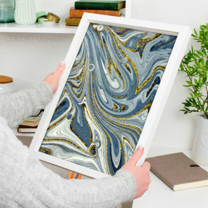Printable Digital Fluid Art Download in Swirls of Blues and Gold Pattern by ColorfulHabit Presented as Wall Art in a White Frame