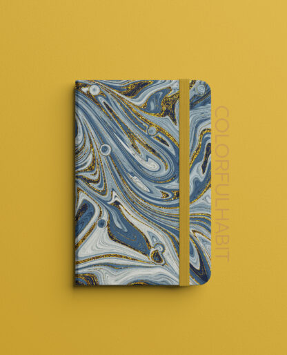 Printable Digital Fluid Art Download in Swirls of Blues and Gold Pattern by ColorfulHabit Presented on a Hardcover Book