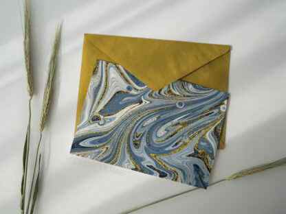 Printable Digital Fluid Art Download in Swirls of Blues and Gold Pattern by ColorfulHabit Presented on a Postcard with a Solid Color Envelope