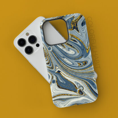 Printable Digital Fluid Art Download in Swirls of Blues and Gold Pattern by ColorfulHabit Presented on an iPhone 13 Pro Case