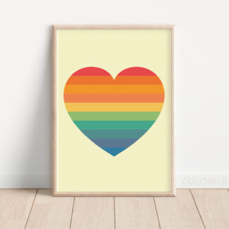 Vintage Rainbow Heart Printable Digital Art Download by ColorfulHabit Presented as Wall Art in a Wood Frame