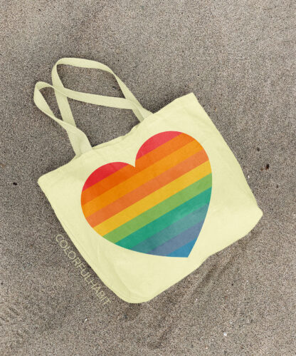 Vintage Rainbow Heart Printable Digital Art Download by ColorfulHabit Presented on a Canvas Tote on the Sand