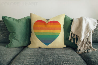 Vintage Rainbow Heart Printable Digital Art Download by ColorfulHabit Presented on a Pillow on a Couch
