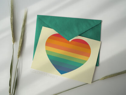 Vintage Rainbow Heart Printable Digital Art Download by ColorfulHabit Presented on a Postcard with a Solid Color Envelope