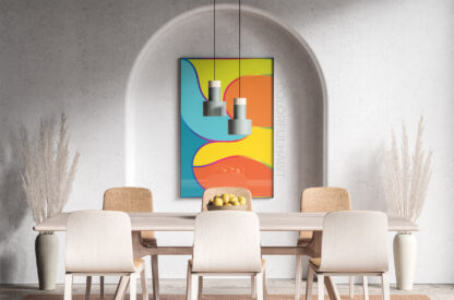 Bold Colorful Abstract Printable Digital Wall Art by ColorfulHabit Presented in a Framed Wall Art in a Dining Room