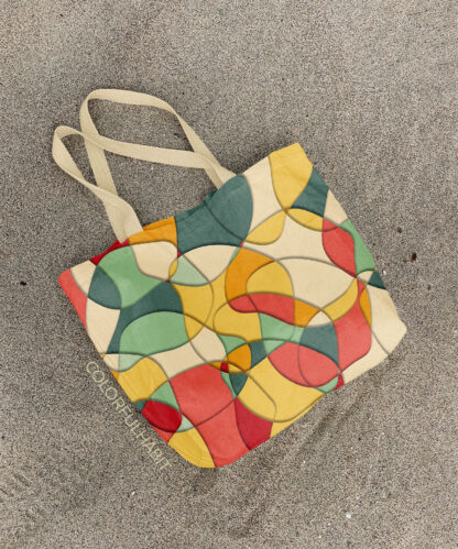 Printable Digital Wall Art Download of Colorful Abstract Pattern by ColorfulHabit Presented on a Canvas Tote on the Sand
