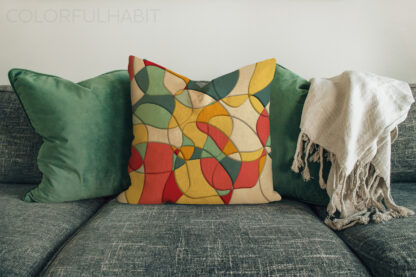 Printable Digital Wall Art Download of Colorful Abstract Pattern by ColorfulHabit Presented on a Pillow on a Sofa