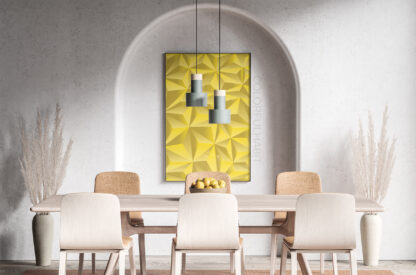 Yellow Triangle Abstract Pattern Printable Digital Art by ColorfulHabit Presented in a Framed Wall Art in a Dining Room