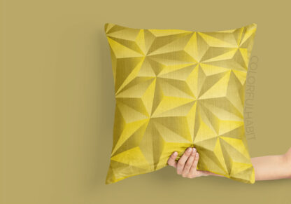Yellow Triangle Abstract Pattern Printable Digital Art by ColorfulHabit Presented on a Pillow Held by a Hand