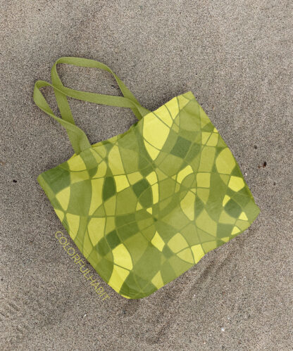 Green Abstract Flowy Printable Wall Art by ColorfulHabit Presented on a Canvas Tote on the Sand