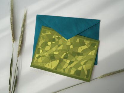Green Abstract Flowy Printable Wall Art by ColorfulHabit Presented on a Postcard with a Solid Color Envelope
