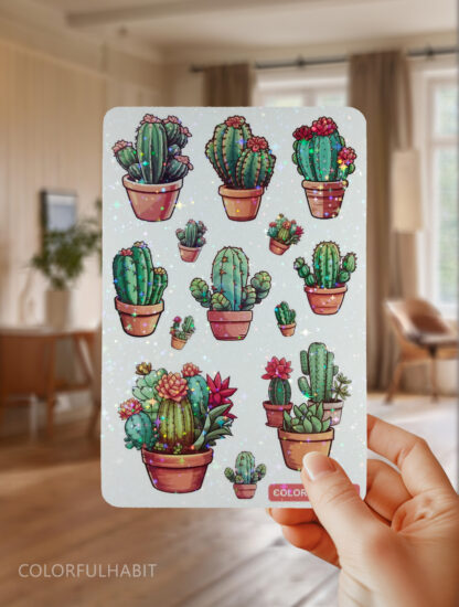 Hand Holding Cactus Holographic Sticker by ColorfulHabit a