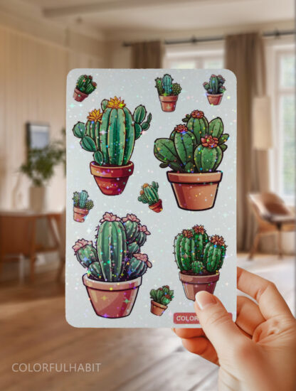 Hand Holding Cactus Holographic Sticker by ColorfulHabit b