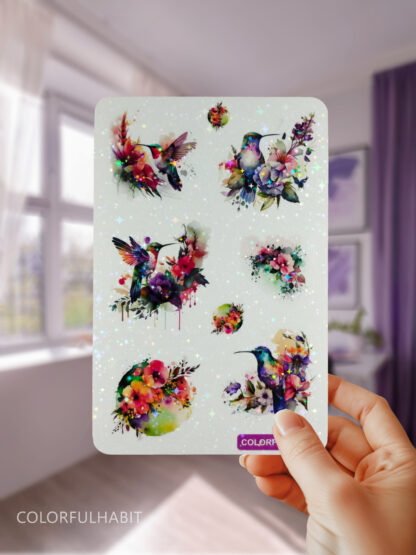 Hand Holding Hummingbirds Holographic Sticker by ColorfulHabit 1