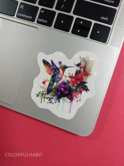 Hummingbird Holographic Stickers on Laptop by ColorfulHabit